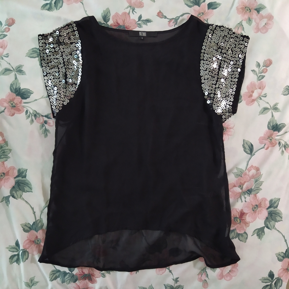 Black Sheer Sequins Short Sleeve Top